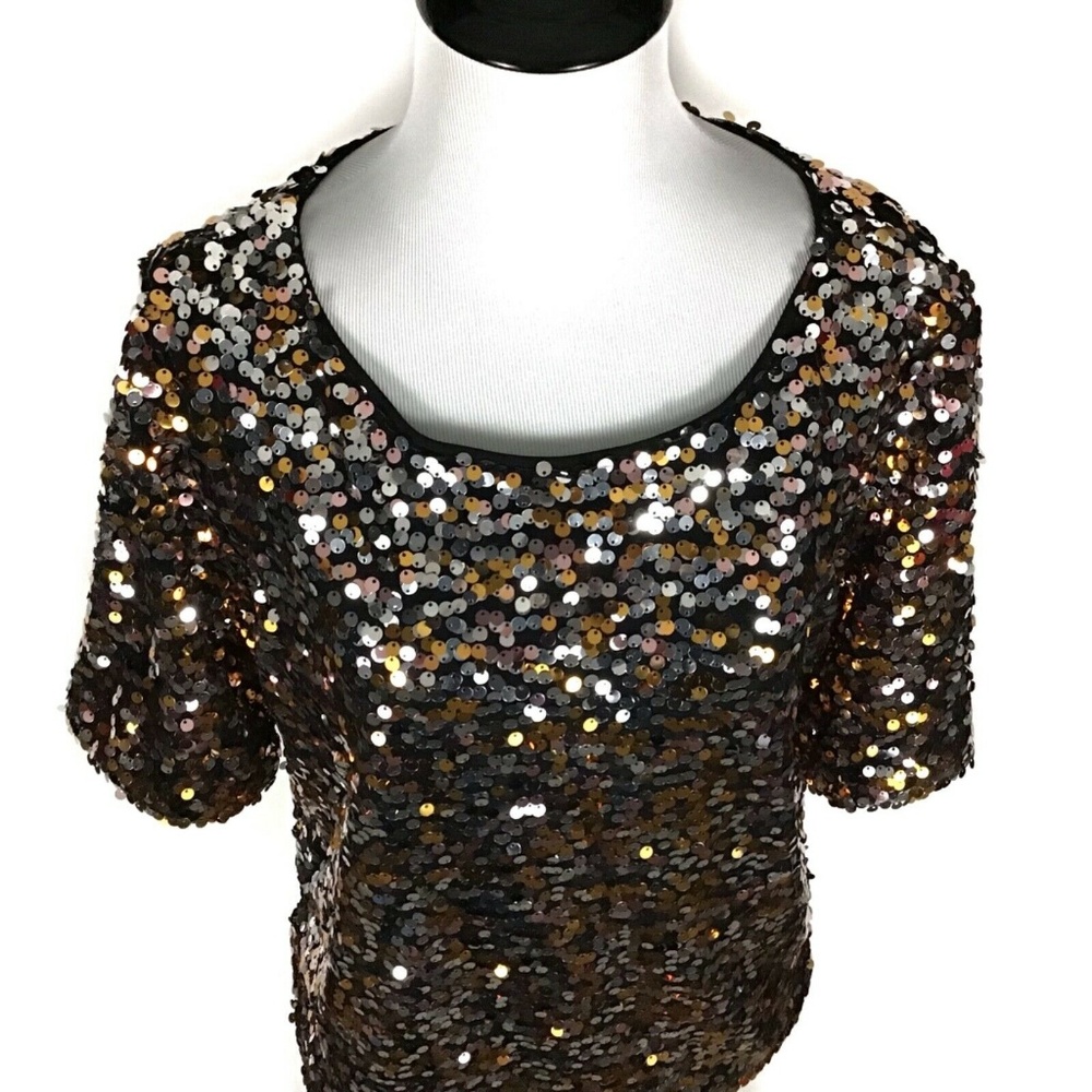 H&M Sequins Silver Copper Black Blouse Top Medium - Picture 3 of 8